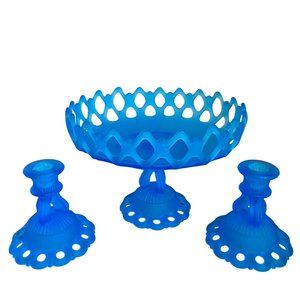 Vintage Westmoreland Elegant Glass Blue Satin Mist Doric Open Lace Console Set